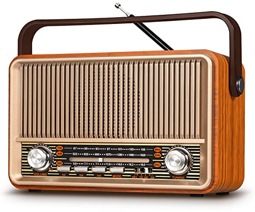 PRUNUS J-120 Radio portátil AM FM, transistor de radio enchufe en pared o recargable con batería para el hogar, al aire última intervensión, altavoz retro clásico Bluetooth con tarjeta AUX TF USB