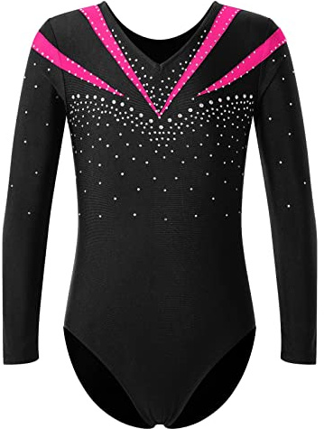 Alvivi Barn flickor, gymnastikdräkt, balettdräkt, långärmad dansbody med strass, balett, tröja, leotard, tävling, danskläder, Mörkrosa, 146-152