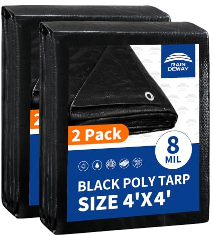 Pequeñas lonas negras de 4 x 4 pies (paquete de 2), resistentes a los rayos UV, cubierta de lona de polietileno impermeable de 8 mm, multiusos, de resistencia media, con ojales de metal y bordes