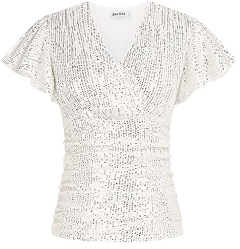 Damen V-Ausschnitt Bluse Tops Pailletten Oberteile Entspannte Passform T-Shirt Party Slim Fit Silber Weiss S