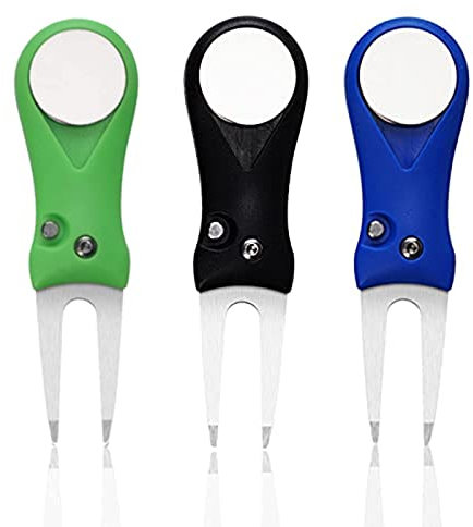 AMRTA Golf Divot Repair Tool with Ball Markers, Golf Pitchfork Switchblade Foldable Metal Magnetic Pop-up Button for Golfer Outdoor (Plastic 3 Pack-Black Green Blue)
