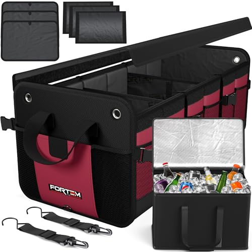 FORTEM Kofferraum Organizer, Kofferraumtasche, Zusammenklappbarer Auto Organizer Kofferraum mit Fächern, Rutschfester Boden, Verstellbare Sicherungsriemen, Klappbarer Deckel (110L)