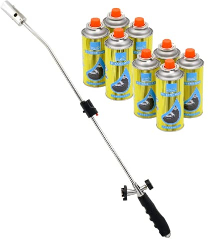 Weed Wand Killer with Adjustable Flame - Blowtorch Butane Gas Destroys Garden Moss, Fungus, De-Icing, Lighting BBQ's - Weed Zapper with Cordless Design (Weed Wand + 8 Canisters)