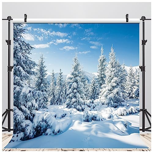 AIIKES 8x8FT Schneelandschaft Hintergrund Winter Wald Schnee Baum Fotografie Hintergrund Outdoor Himmel Winter Schneefeld Landschaft Schneebedeckte Kiefern Fotostudio Requisiten 12-346