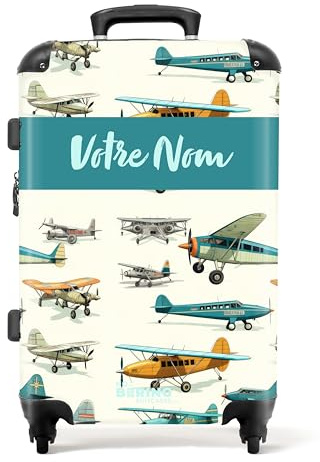 NoBoringSuitcases.com Fotokoffer personalisiert, Kinderkoffer, 67x43x25cm - Reisekoffer - Kinder reisekoffer, Rollkoffer - Hartschalenkoffer - Flugzeugmuster Mittelgroß mit Rollen - Koffer mit Namen