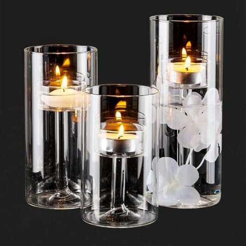 Romadedi Teelichthalter Glas Kerzenständer Windlicht - 3 Pcs Cylinder Kerzenhalter Teelichtgläser Für Teelicht Kerzensand Windlichter Kerzenglas Für Tischdeko Deko Wohnzimmer Home Decor Hochzeitsdeko
