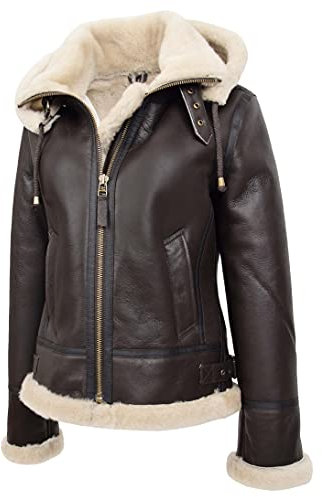 Divergent Retail Ayla Damen Echt Schaffell Winter Warme Jacke Braun, braun, 44