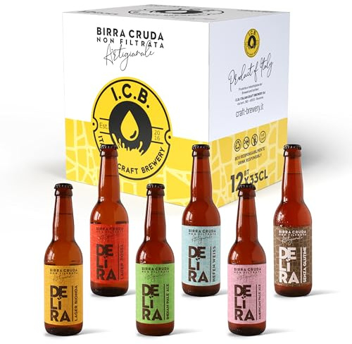 Delíra – 12 Birre Artigianali Italiana Cruda Non Filtrata | Set Degustazione Da 33 cl, Idea Regalo Particolare. Selezione: Bionda, Rossa, IPA, Weiss, APA. Salvo disponibilità di assortimento.