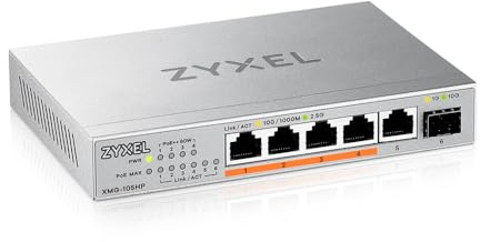 Zyxel 5 Ports PoE 2.5G Multi-Gig Unverwalteter Switch @ 70W mit 4 x PoE++ (60W) | 1 x 10G SFP+ | Wandmontage oder Computermontage [XMG-105HP]