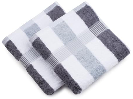 Gözze - New York Streifen Handtücher, 2er-Set, Weich und saugfähig, 100% Baumwolle, 50 x 100 cm - Anthrazit/Weiß/Silber