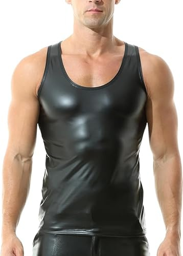 QiaTi män konstläder undertröja slim fit ärmlös linne nattklubb party rund hals skjortor muskeltopp, 1 # svart, XL