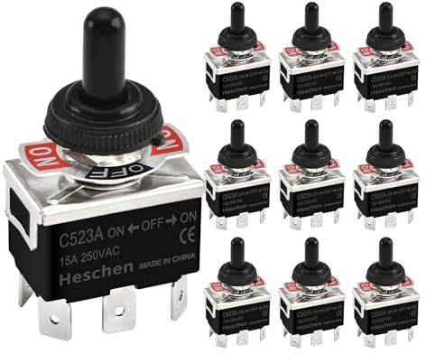 Heschen Metall-Kippschalter, C523A, DPDT, Dauerlicht, EIN/AUS/EIN 3 Positionen, 15A 250VAC, 6 Flachstecker, CE, mit wasserdichter Kappe (10)