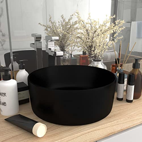 FOZICV LuxuriöSes Waschbecken Rund Matt Schwarz 40x40x15 cm Keramik Badmöbel Washbasin Aufsatzwaschbecken Rund Spülbecken Rund Badezimmer Waschbecken Aufsatzwaschtisch Bathroom Sink