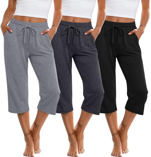 Huukeay 3 Pack Women's Capri Sweatpants Drawstring Lounge Capris Wide Leg Cropped Pants with Pockets Workout Yoga Joggers(Small,Black, Dark Gray, Light Gray)