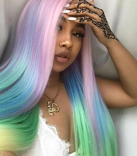 VEBONNY Peluca larga de encaje frontal para mujeres, de cabello sintético con degradado arcoíris pastel, de lavanda y azul a menta y rosa bebé, de 66 cm VEBONNY-809