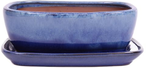 Bonsai-Shopping Bonsai - Schale eckig 25.5 x 21 x 9.5 cm, beige/blau, mit Untersetzer 31136