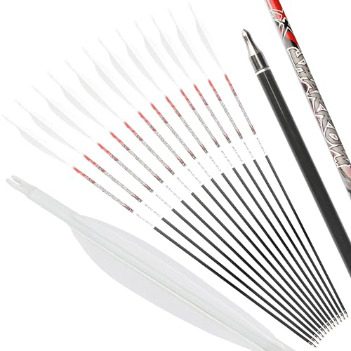 wolfman 32 Zoll 100% reines Carbon Pfeile für Bogenschießen Spine 300-800 Zielpfeile Erwachsene mit 5 Federn Jagdpfeil für Compound Bogen Recurve Bogen Bogen und Pfeil (Weiß, Spine 700)