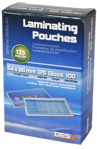 DESQ® Laminierfolien - Kreditkarte, 125 Mikron, Glänzend, mit abgerundeten Ecken, Laminiertaschen, 100 Stück, 54 x 86 mm, Premium