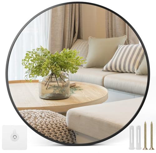 QWORK® 50cm Runder Wandspiegel mit Schwarz Aluminiumrahmen für Badezimmer, Wohnzimmer und Schlafzimmer - HD Explosionsgeschütztes Glas - inklusive Selbstklebendem Wandnagel