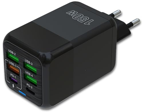 Cargador de 150W con 6 Puertos Conectividad 2 Tipo C y 4 Tipo A + Carga Rápida QC 3.0 - Compatible con Dispositivos iPhone + Samsung + Xiaomi - Certificado CE - Color Negro | 3-Stars