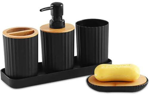 Cnwinu Plastic Black Bathroom Accessories Set,Toothbrush Holders For Bathroom,With Soap Dispenser,Bathroom Toothbrush Holder Set,Bathroom Soap Dispenser Set With Soap Dish,Desktop Tray,Bathroom Decor