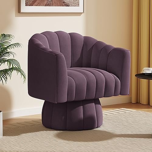 Mid Century 360 Grad drehbarer Kuscheltonnen-Akzent-Sessel, runde Sessel mit breiter Polsterung, flauschiger Samtstoffstuhl für Wohnzimmer, Schlafzimmer, Büro, Wartezimmer (lila)