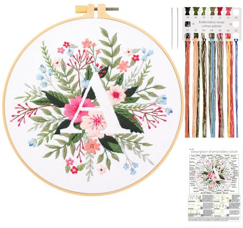 JSRQT Kit de Inicio Bordado de Flores con Letra A, Kit de Bordado Hecho a Mano para Principiantes Adultos, Kit de Punto Cruz Estampado con Herramienta de Bordado Incluye Aro de Bordado, Aguja e Hilos