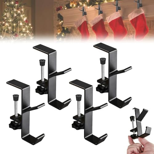 Haokelai 4Pcs Fireplace Stocking and Garland Hanger, 2025 New Adjustable Fireplace Stocking Hooks Double Door Garland Hanger with Hooks, for Fireplace Xmas Holiday Home Party Decoration