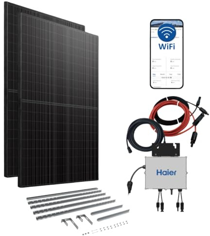 Haier 800 W Stecker-Solaranlage, Balkonkraftwerk Komplettset, mit 2x 420 W Modulen, Halterung, Wechselrichter, 5 m Kabel, WiFi