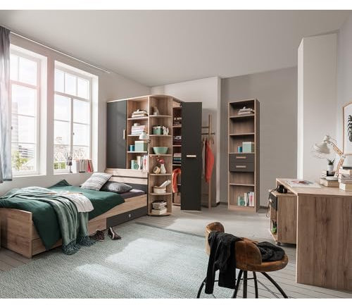 Lomadox Jugendzimmer Set 7-teilig mit Bett 90x200 cm in Eiche mit Graphit, inkl. Bettschubkästen, Eckkleiderschrank, Garderobenstange, Standregal, Schreibtisch, Rollcontainer