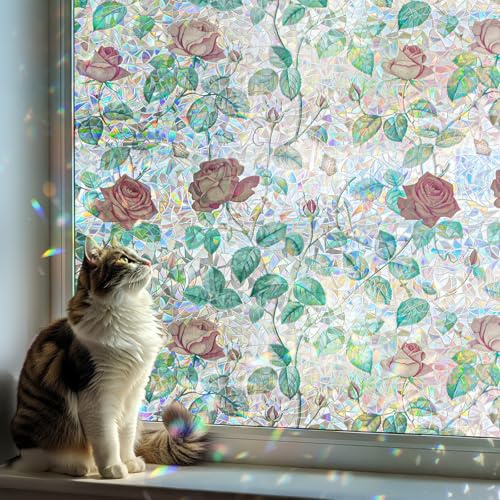 DARUITE Stained Glass Window Film, Rainbow Effect Rose Pattern Decorative Window Films, Anti UV Static Privacy Film for Glass Windows for Home Office, 44,3 x 200cm