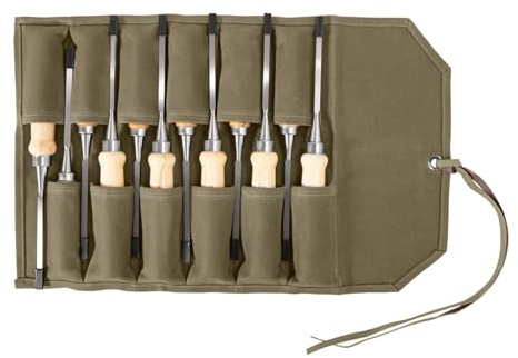 Baizoy Chisel Roll,6 Pockets Roll Up Tool Pouch,Waxed Canvas Small Tool Roll Organizer and Wrench Roll Up Pouch,Store Chisel,Wrench,Pliers,Carving Knife (12-Khaki)