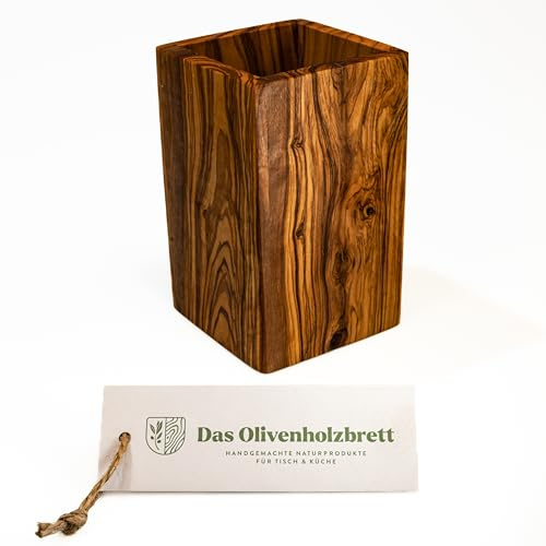 das Olivenholzbrett®Besteckhalter/Köcher/eckig/Höhe 16cm | Besteckbecher / Becher / Besteckhalter für Kochlöffel und jegliche Küchenutensilien, für eine aufgeräumte Küche!
