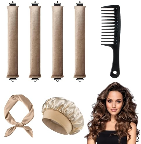 Heatless Hair Curler Set, Velvet Overnight Curls, Satin Bonnet, Wide Tooth Comb, No Heat Satin Curling Rods, Foam Sponge Hair Rollers for Long and Short Hair