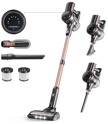 Aspirapolvere Senza Fili, Scopa Elettrica Senza Fili Potente 26Kpa 265W, 6 in 1 Aspirapolvere Leggero, 47Min Autonomia, Batteria Rimovibile, Luci LED, Aspirapolvere per Peli Animali Pavimenti Tappeti