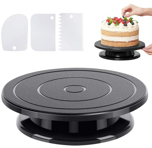 UHETLET Piatto Girevole per Torta 27cm Alzata Girevole per Dolci Base Girevole per Torte con 3 Spatola Piatto Rotante per Decorare Piatti Neri per Torte per Fare Torte Cottura al Forno e Artigianato