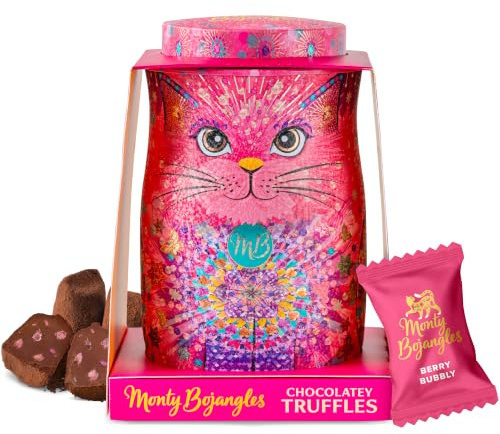 Monty Bojangles Raspberry Popping Candy Chocolate Truffles Cat Tin (135g - Shimmering Starlet) Luxury Chocolatey Truffles - Collectable Cat Tin, Truffles Chocolate Gift Box With Bespoke Design
