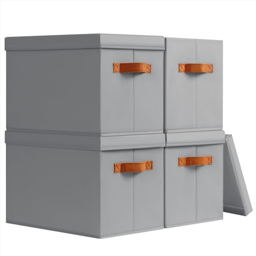 Homsorout Aufbewahrungsboxen mit Deckel Faltbox 35x25x25cm, Grau, 4er Set | Aufbewahrungsboxe Stoff Faltbare, Storage Boxes Organizer, Stoffboxen Aufbewahrung Für Kleidung, Schrank, Würfelregal, Socken