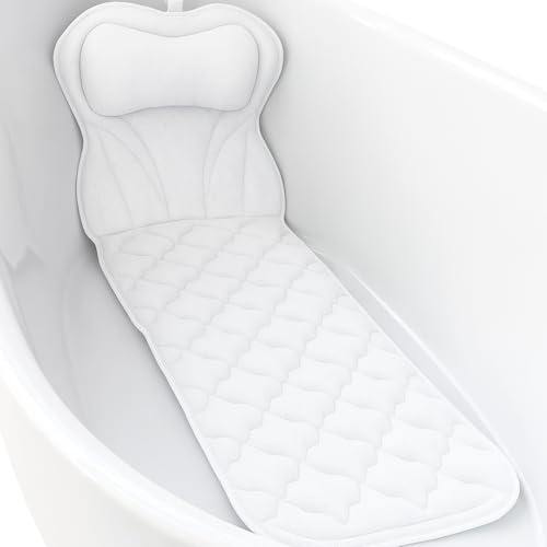 Full Body Bath Pillow Mat & Non-slip Cushion with 5D Air Mesh and 16 Powerful Suction Cups, Ergonomic Design Support Head and Neck Back for Home Hot Tub Relaxing Spa Fits All Bathtub (White)