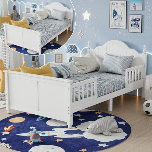 Mirightone Kids Twin Size Bed Frame with Detachable Rails, Low Platform Bed with Headboard and Footboard, Wood Twin Beds with Slats Supports for Girls Boys Teens, No Box Spring Needed, White