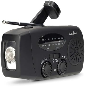 Nedis Portable Emergency AM/FM Wind Up Radio, with Solar Panel & Hand Crank, LED Torch, SOS Light and Rechargeable 2000mAh USB Powerbank - Black