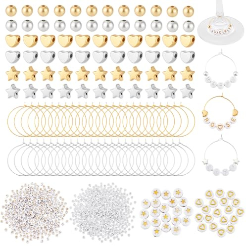 PH PandaHall 50 Set Ciondoli per Bicchieri da Vino Personalizzati Segnabicchieri da Vino, Anelli Identificativi per Bevande 1080pz Perline con Lettere per Feste Addio Al Nubilato Matrimoni