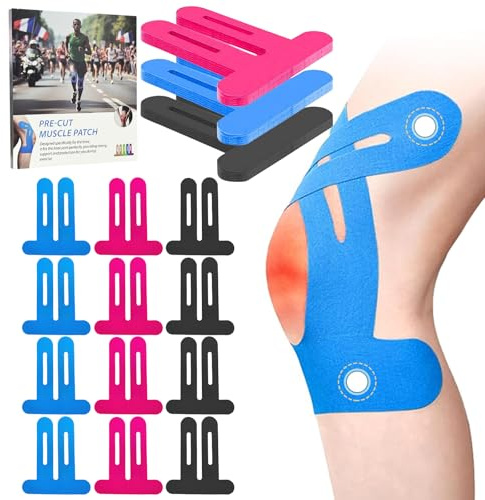 NEUJUS Muskelpatch Knie Vorgeschnitten 12 Stk Schwarz+Rosa+Blau Knie Tape | Hochelastisch & reißfest für optimale Bewegungsfreiheit bei Sport und Rehabilitation