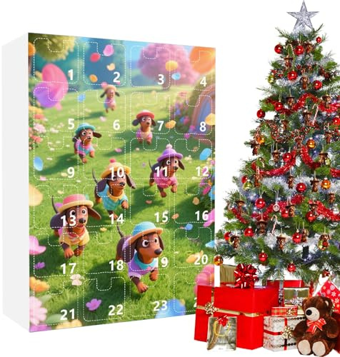 2025 Countdown-Kalender für Weihnachten | Countdown-Kalender für 24 Tage mit Dackel-Ornamenten – Saisonale 2D-Wand-Sammelkunst | für Jugendliche Erwachsene Freunde