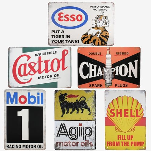 Rongxze Set of 6 Vintage Metal Signs (20 x 30 cm) Tin Signs - Retro Wall Decoration for Garage, Workshop, Bar | Classic Automotive Wall Art,Fathers Day