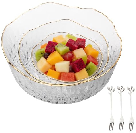 SICANAUO 3 Stück durchsichtige Salatschüsseln aus Kunststoff, Mischen Servierschälen mit 3 Gabeln, Obst-Dessertschüssel, stapelbare Snack Vorspeisen Schälchen für Salat,Müsli,Popcorn,Küche(3 Größen)