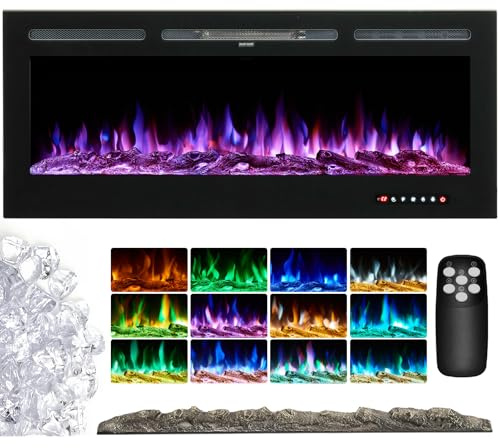 INMOZATA 70''/177.8cm Electric Fire Recessed/Wall Mounted Media Wall Insert Electric Fireplace with 9LED Flame Effect, 900W/1800W, Adjustable Termostat, Remote&Touch Control