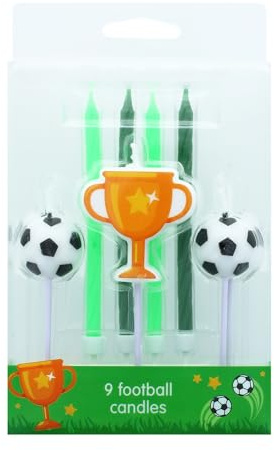 Culpitt Football Cake Candles, 9 Birthday Cake Decorations for Football Party, Sports Toppers with Footballs, Trophy Cup, Green Spirals - Mixed Set of 9