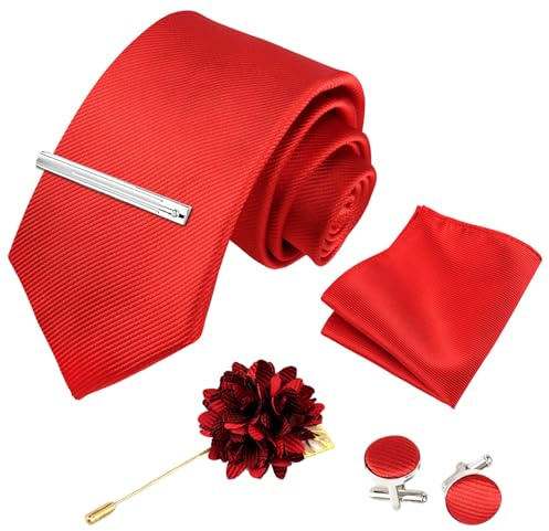 Xynovate Tie for Men, Solid Color Tie and Pocket Square with Tie Clip, Cufflinks, Lapel Pin Set, Mens Necktie for Business and Wedding, Interviews(146cm x 7.5cm)