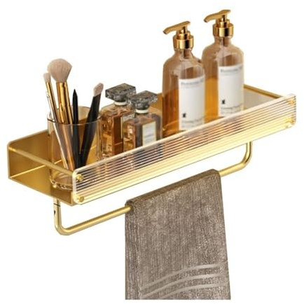 AQCDPJYU Portaoggetti da doccia ad angolo dorato, mensole da bagno montate a parete con portasciugamani e recinzioni anteriori(50CM)